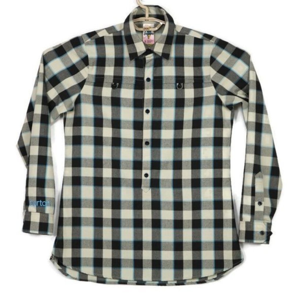 Burton DryRide Shirt Top Beige Tan Black Blue Plaid Long Sleeve‎ S Small